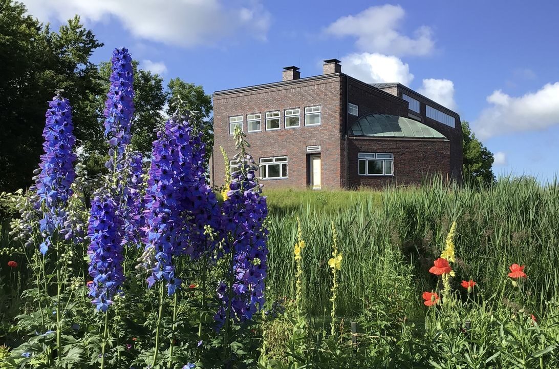 Das Wohn- und Atelierhaus in Seebüll hinter blühendem Rittersporn und Mohn