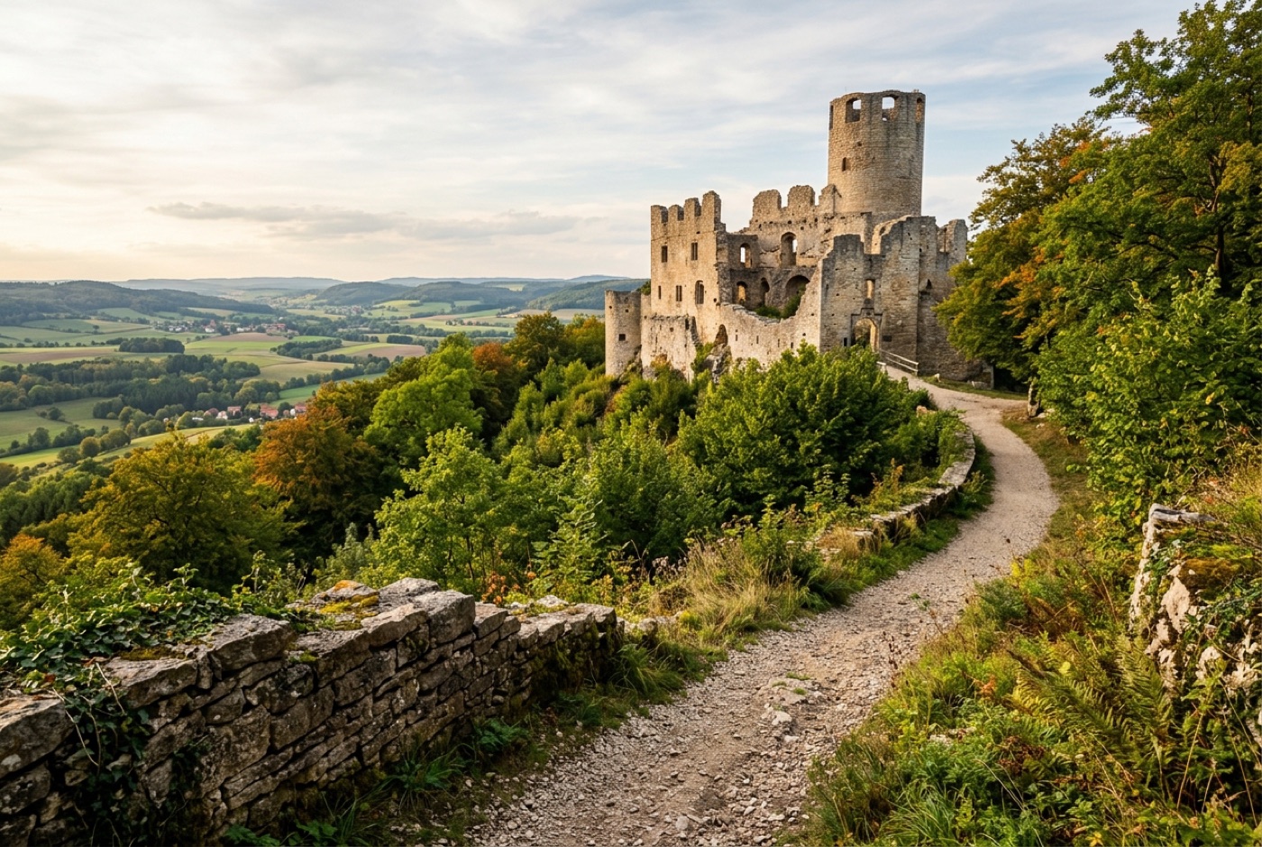 Beispielbild: Eine Burgruine auf einem bewaldeten Hügel