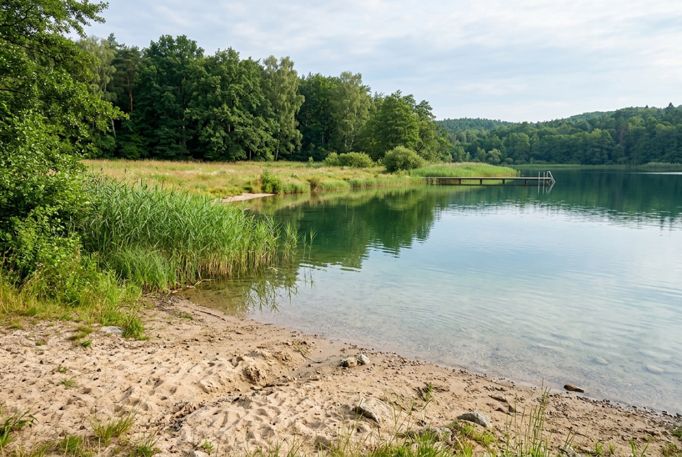 Beispielbild: Ein Badesee mit Sandufer, Schilf und Steg