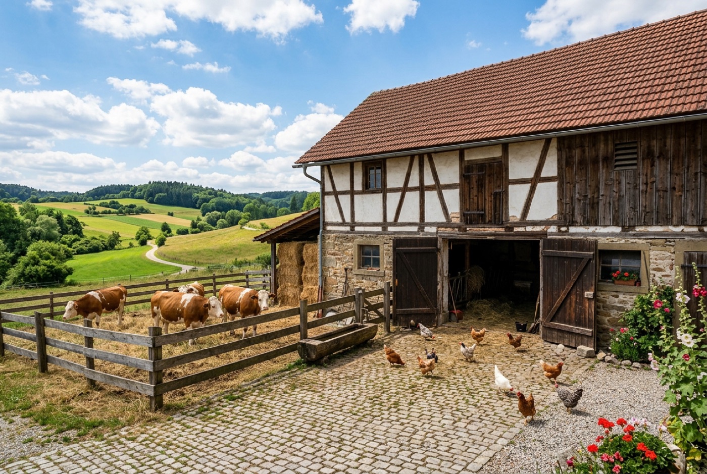 Beispielbild: Ein Bauernhof mit Fachwerkscheune, Kühen und Hühnern
