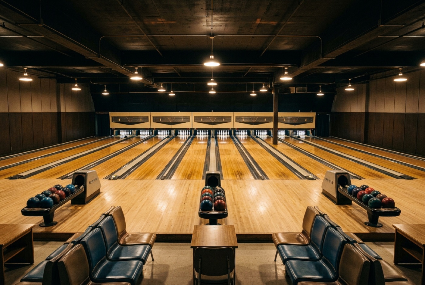Beispielbild: Eine Bowlingbahn mit aufgestellten Pins und Kugeln