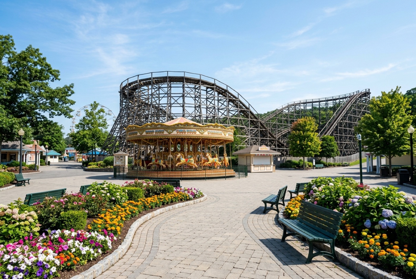 Beispielbild: Ein Freizeitpark mit Holzachterbahn und Karussell