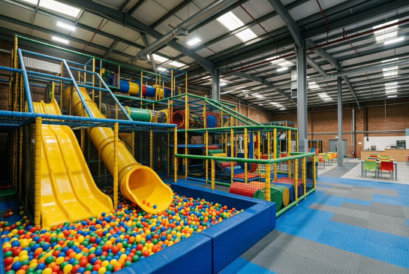 Beispielbild: Ein Indoorspielplatz mit Rutsche, Kletterturm und Bällebad