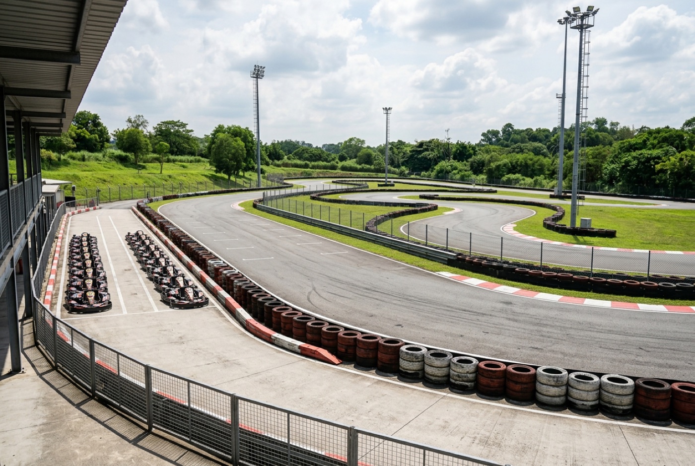 Beispielbild: Eine Kartbahn mit Reifenstapeln und geparkten Karts