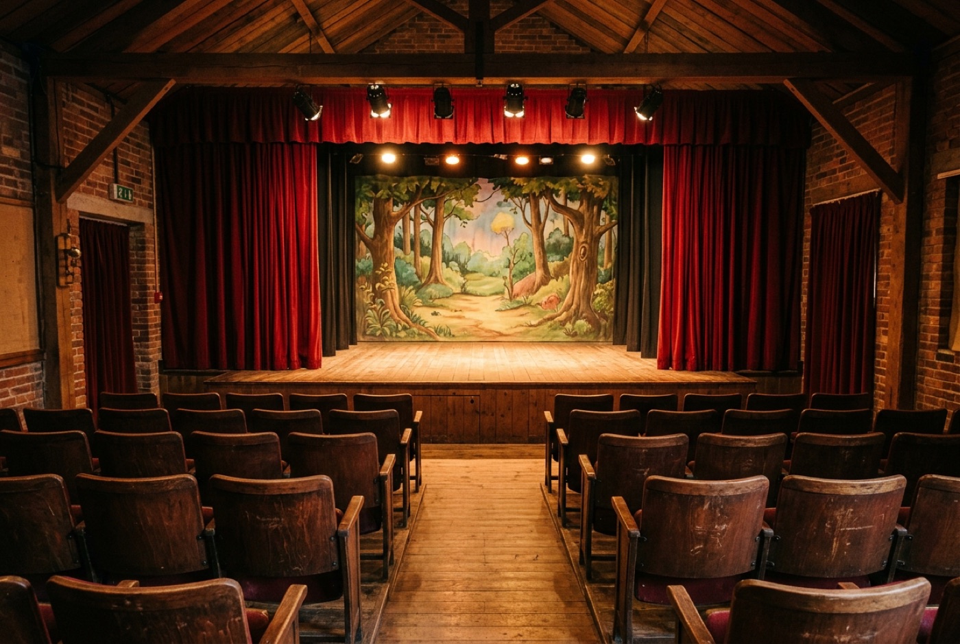 Beispielbild: Eine kleine Theaterbühne mit rotem Vorhang und Waldkulisse