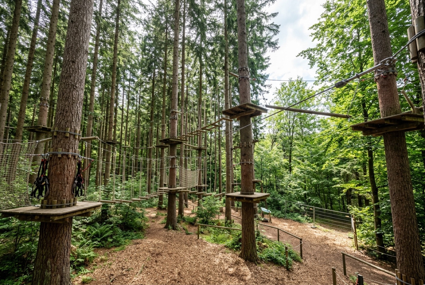 Beispielbild: Ein Hochseilgarten mit Plattformen und Seilbrücken im Wald