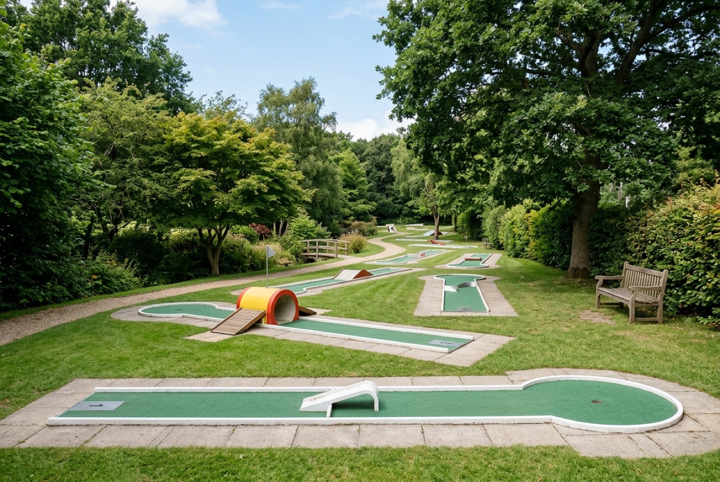 Beispielbild: Eine Minigolfanlage mit mehreren Bahnen im Park