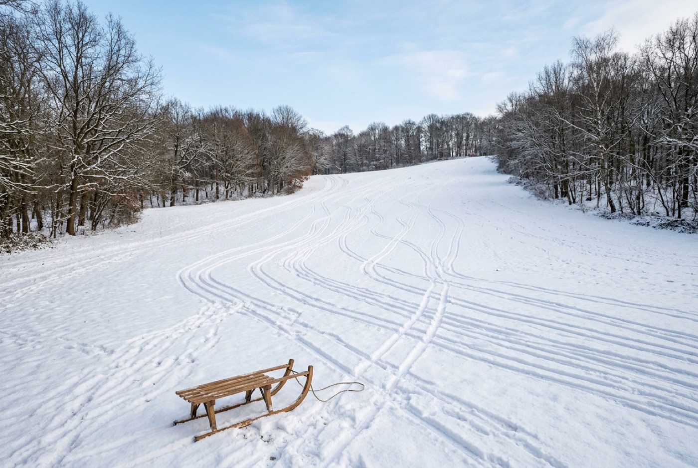 Beispielbild: Ein verschneiter Rodelhang mit Schlittenspuren