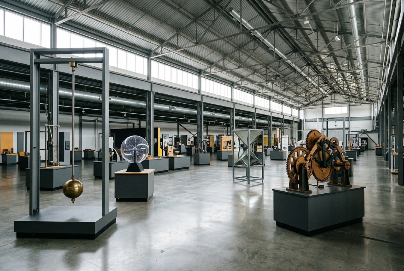 Beispielbild: Eine Mitmach-Ausstellung mit Pendel, Plasmakugel und Zahnrädern