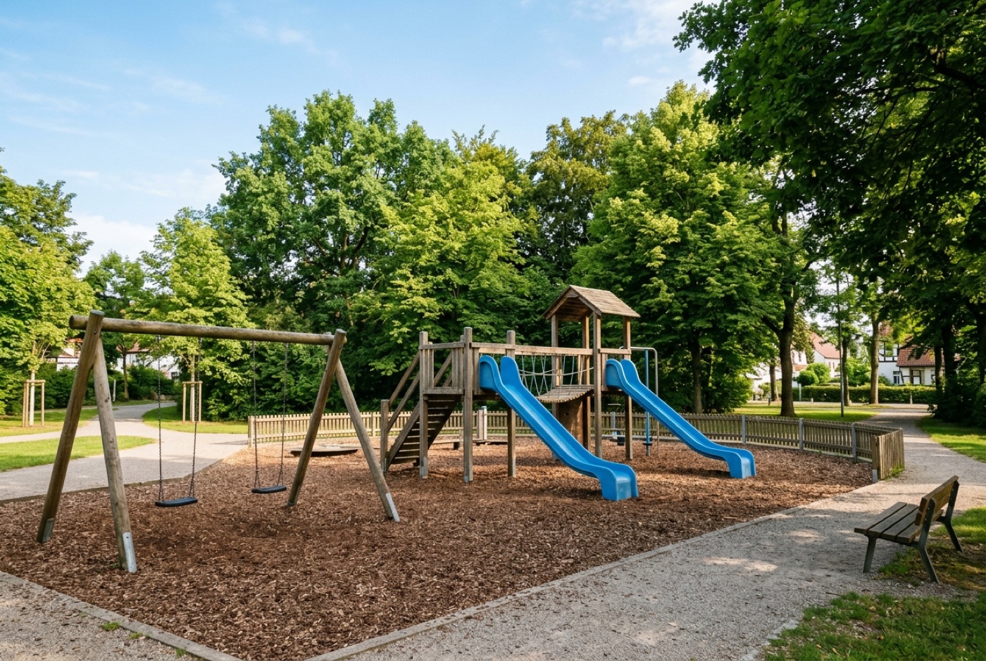 Beispielbild: Ein Spielplatz mit Klettergerüst, Rutsche und Schaukeln