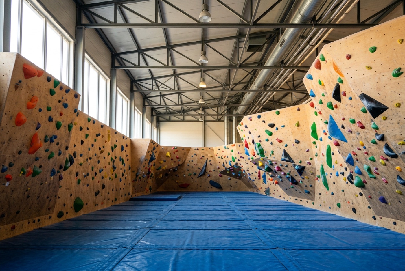 Beispielbild: Eine Boulderhalle mit bunten Klettergriffen und Matten