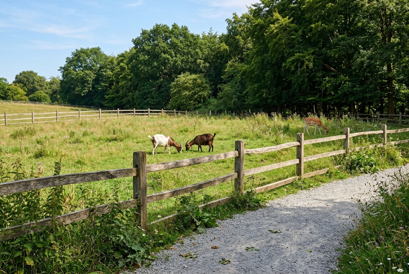 Beispielbild: Eine Weide mit Ziegen und Damwild hinter einem Holzzaun