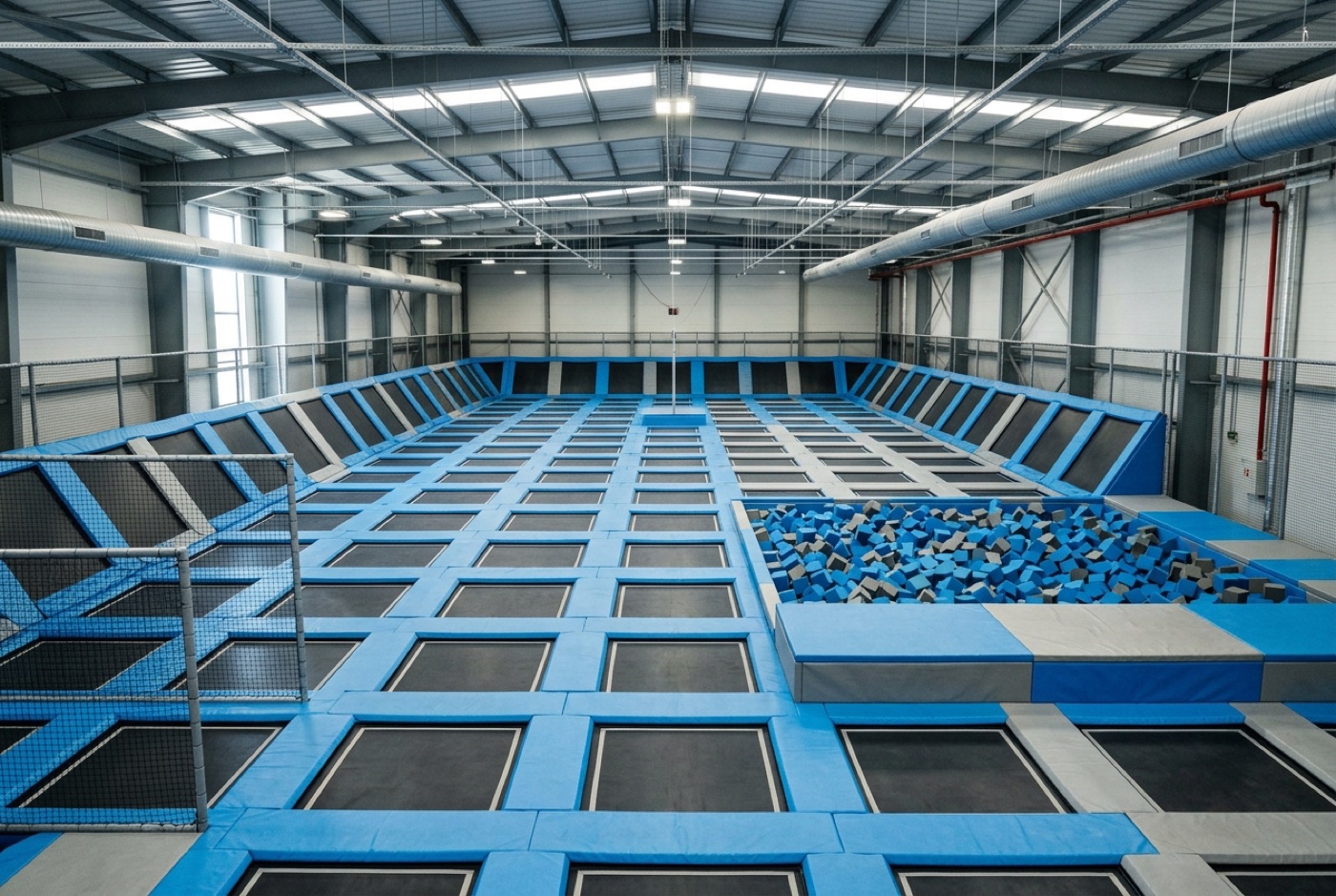 Beispielbild: Eine Trampolinhalle mit vielen Sprungfeldern und Schaumstoffbecken
