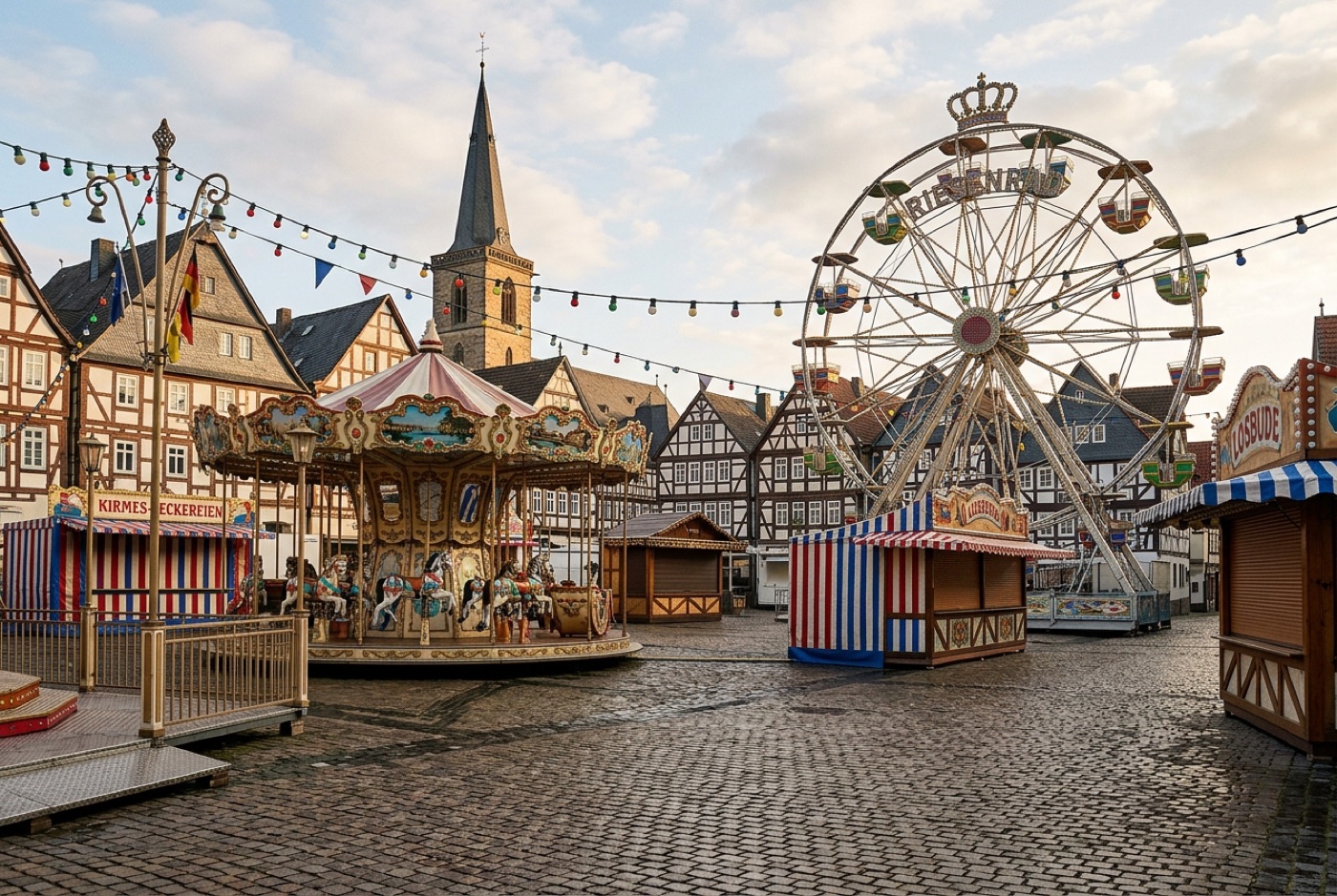 Kirmesplatz mit Riesenrad und Karussell vor Fachwerkhäusern