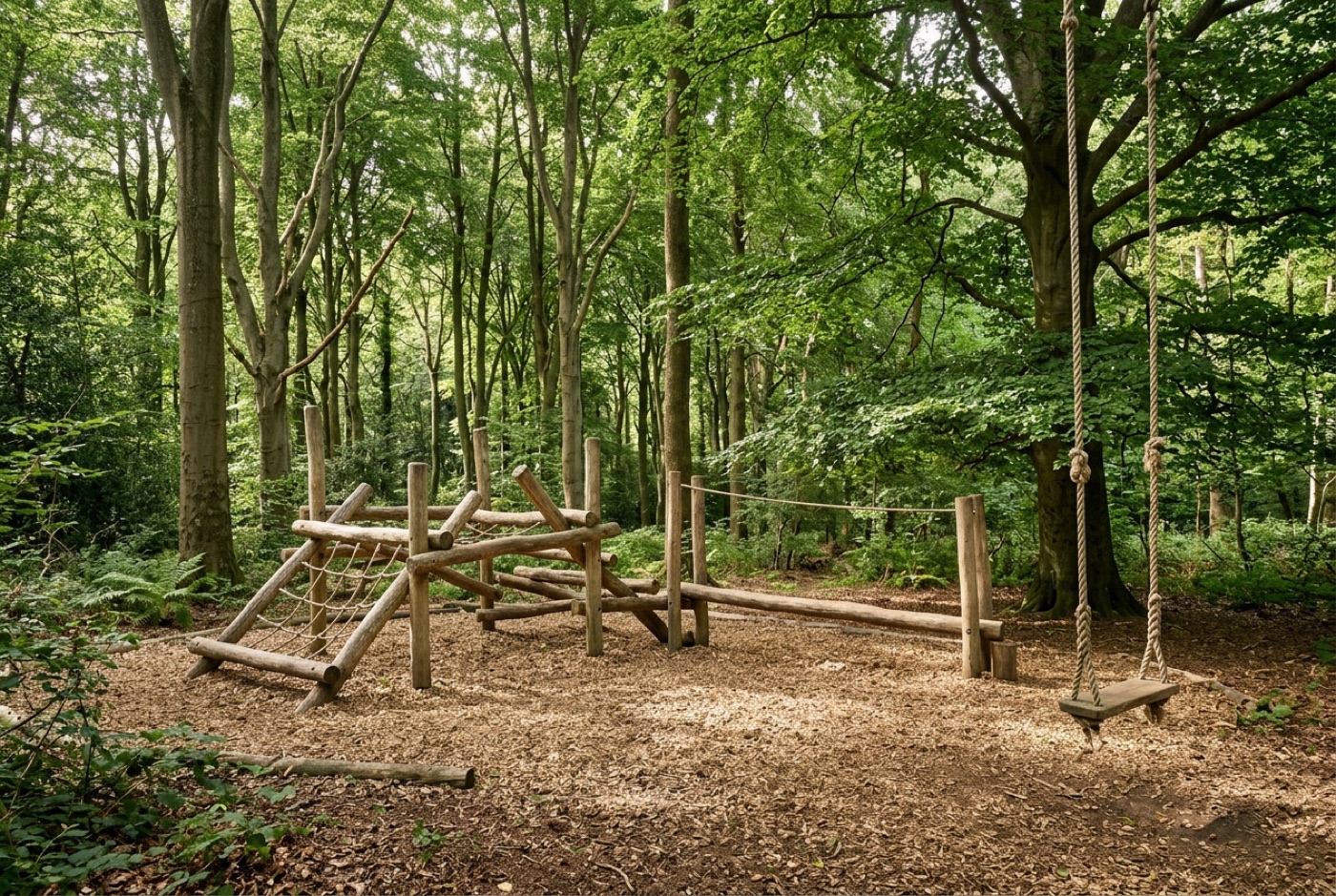 Beispielbild: Ein Naturspielplatz aus Holz und Seilen im Wald