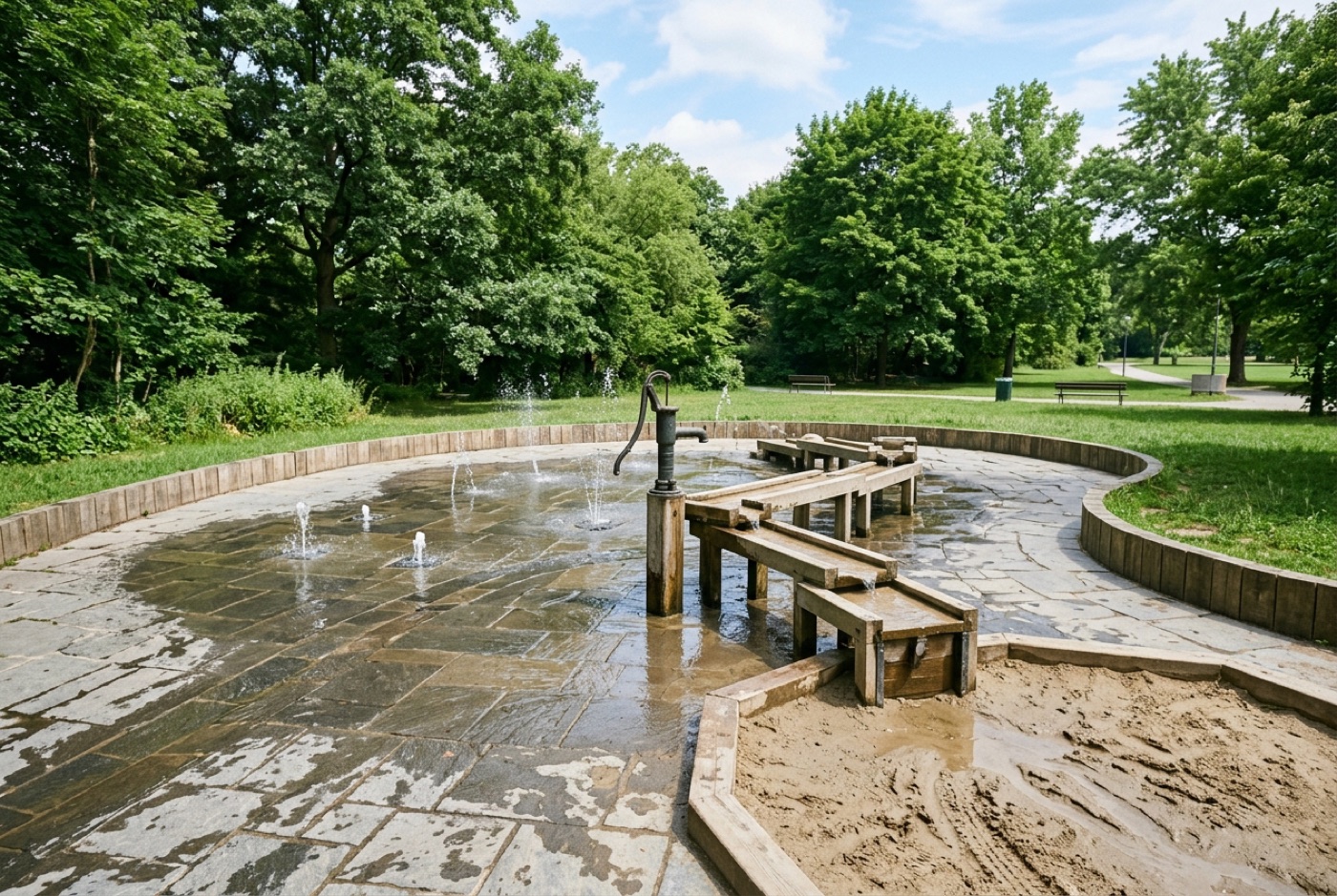 Beispielbild: Ein Wasserspielplatz mit Fontänen, Pumpe und Sandbereich